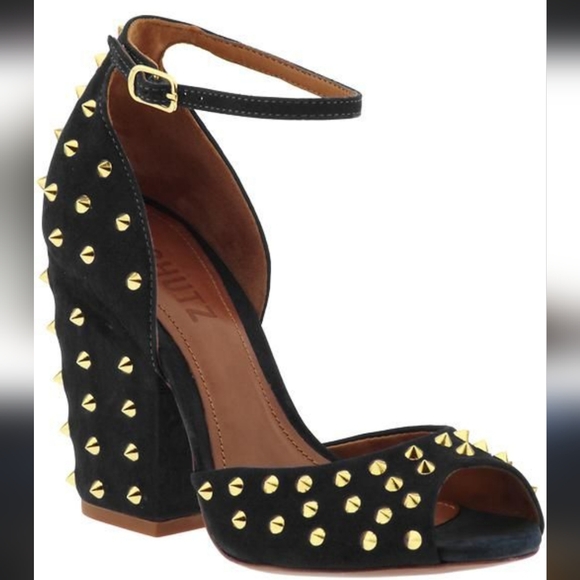 Schutz Black Gold Spike Studs Heels 10 - Picture 8 of 16